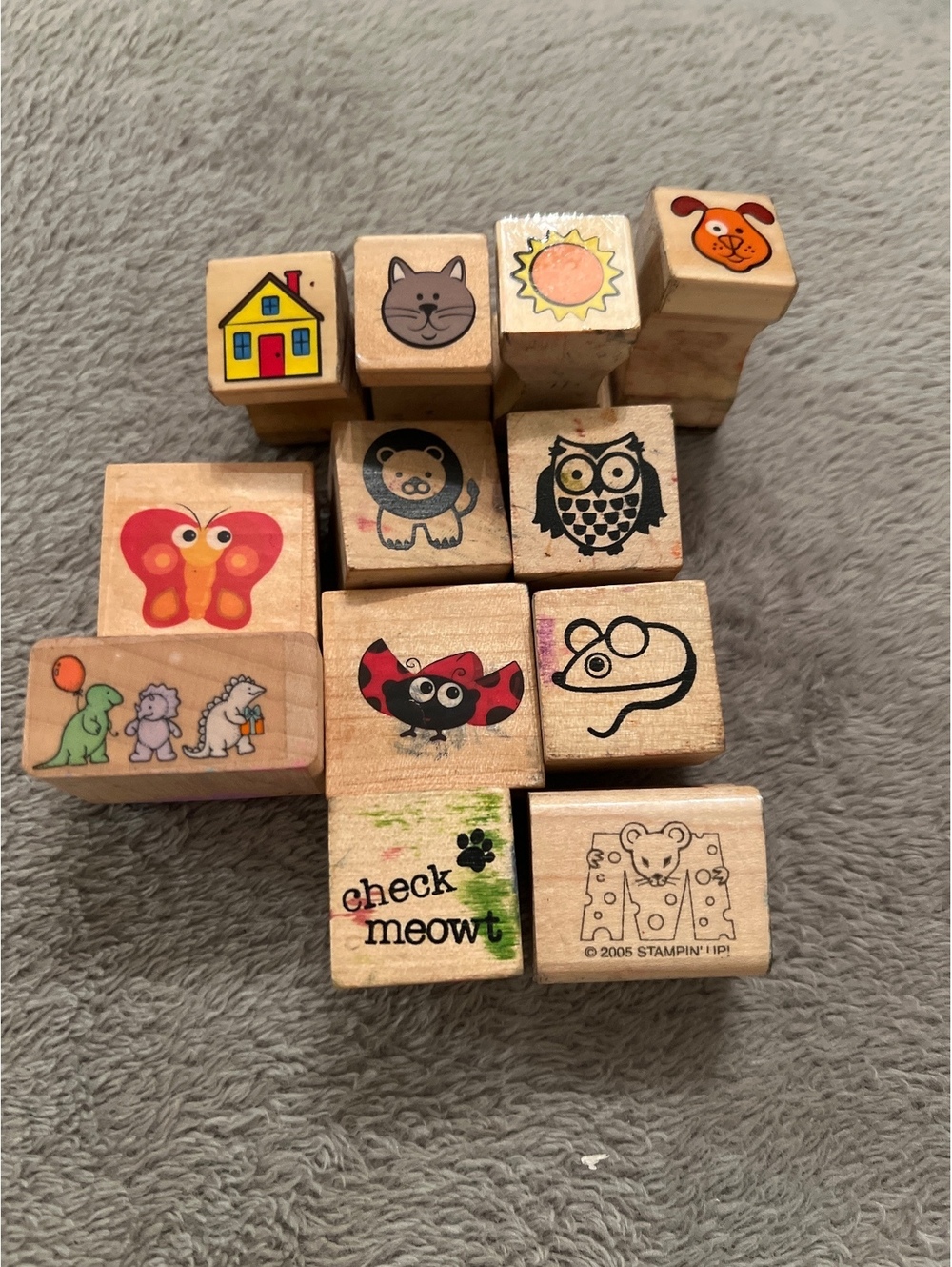 Set of 12 Vintage Wooden Rubber Stamps with Animal and Nature Designs